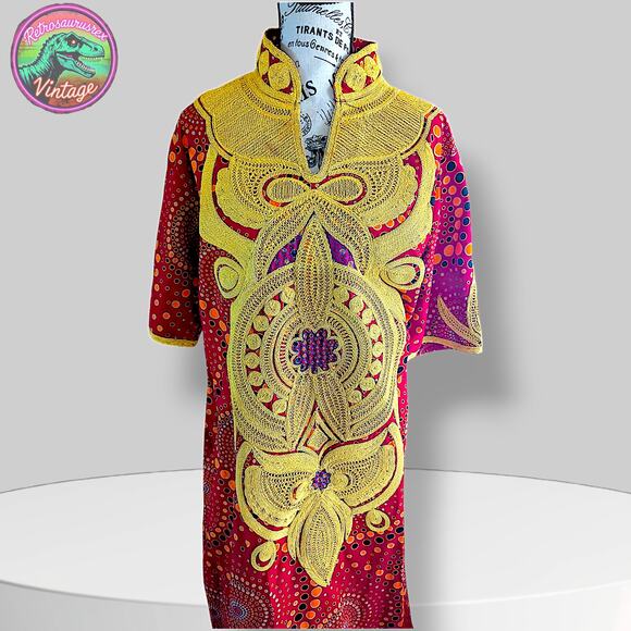 Vintage 1960’s / 1970’s Bohemian Goddess Polka Dot Dashiki Caftan Maxi Dress - Picture 6 of 8